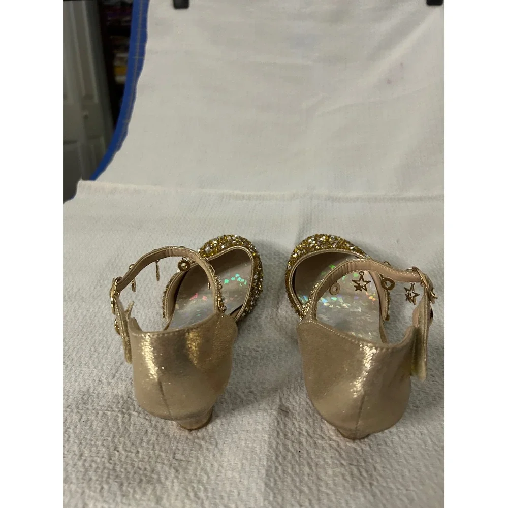 Girls Gold Fairytail Princess Sequin Star Charm Shoes Kitten Heel Pageant Sz3